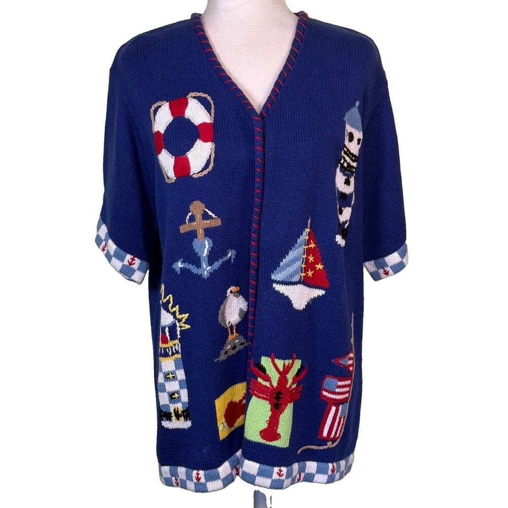 Vintage Quacker Factory Sweater Cardigan Lg Nautical Lighthouse Coastal Blue QVC